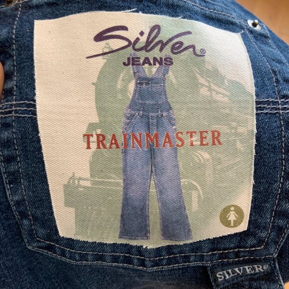 Vintage 90s Silver Jeans Flare Carpenter Denim Blue Overalls Size 5/31 - Picture 16 of 16